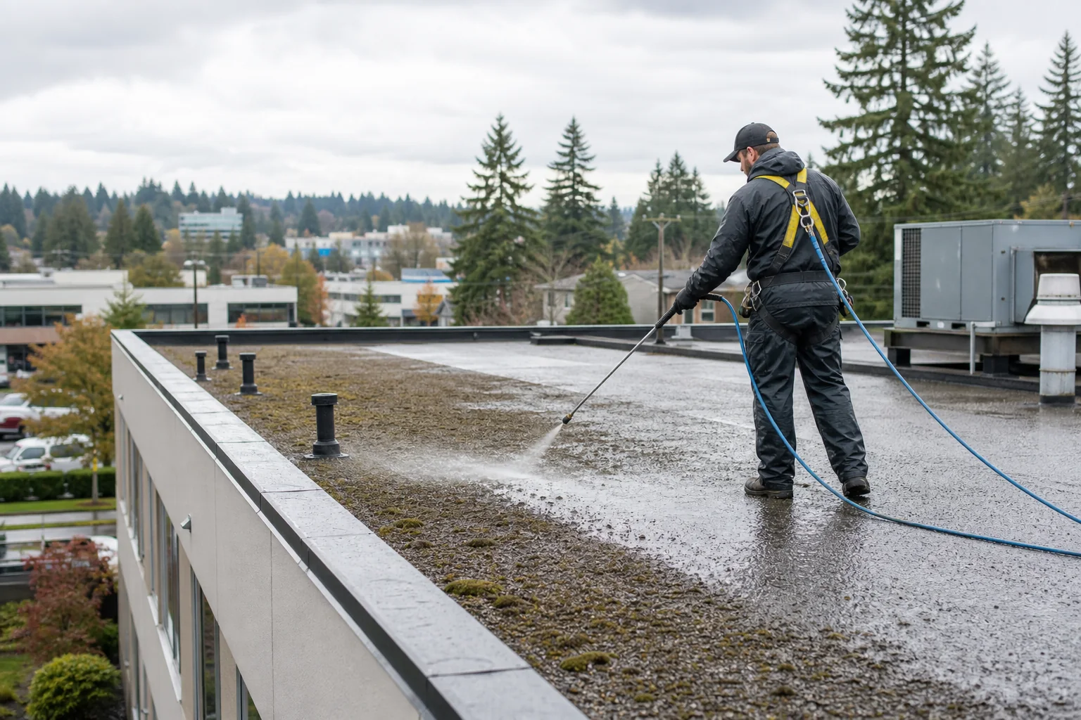 Commercial roof cleaning technician treating moss on a flat roof