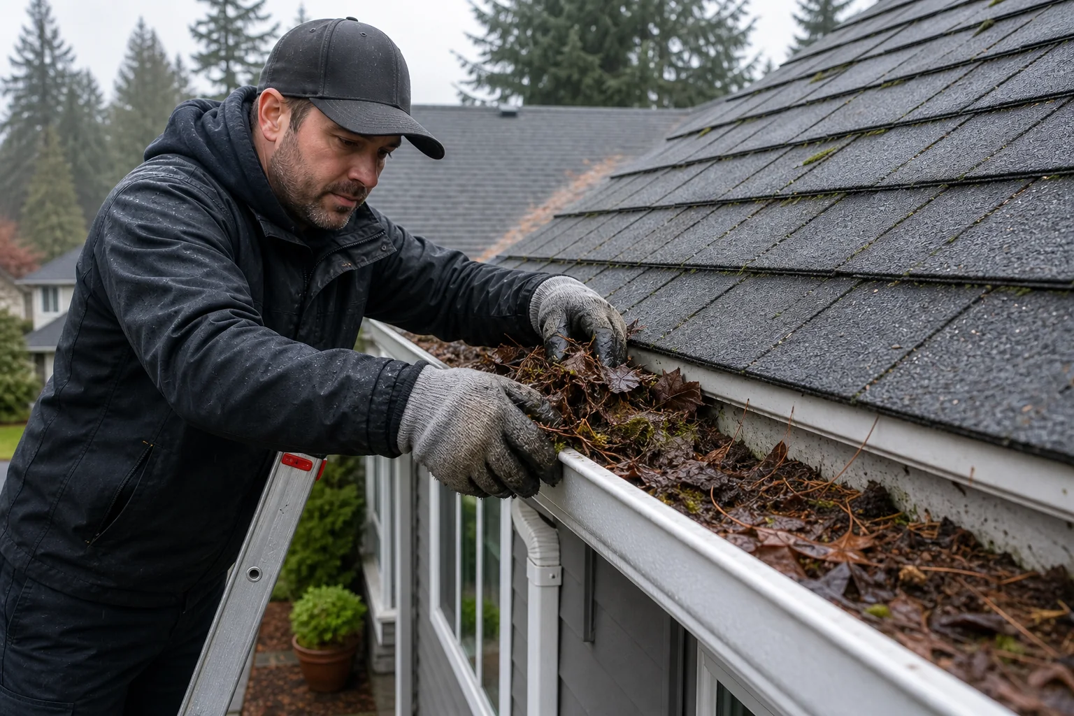 Technician clearing moss and leaves from a roof gutter