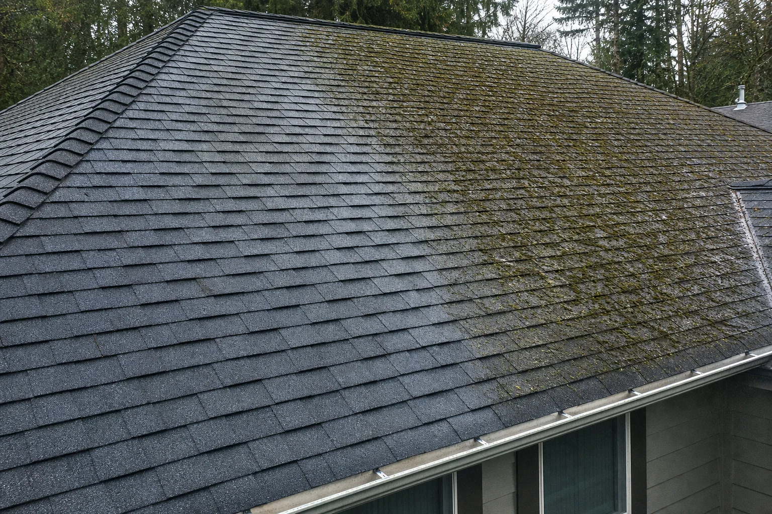 Moss-stained asphalt roof during soft washing and cleaning